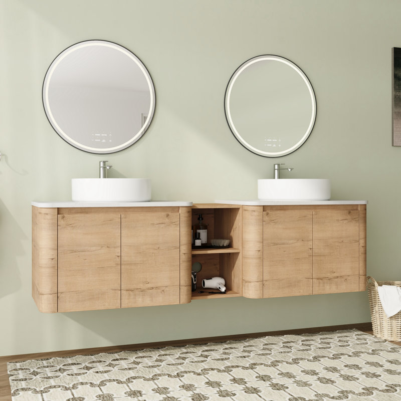 Meuble-lavabo flottant mural 72 po avec comptoir en quartz et portes et tablettes de rangement à fermeture en douceur, Blanc