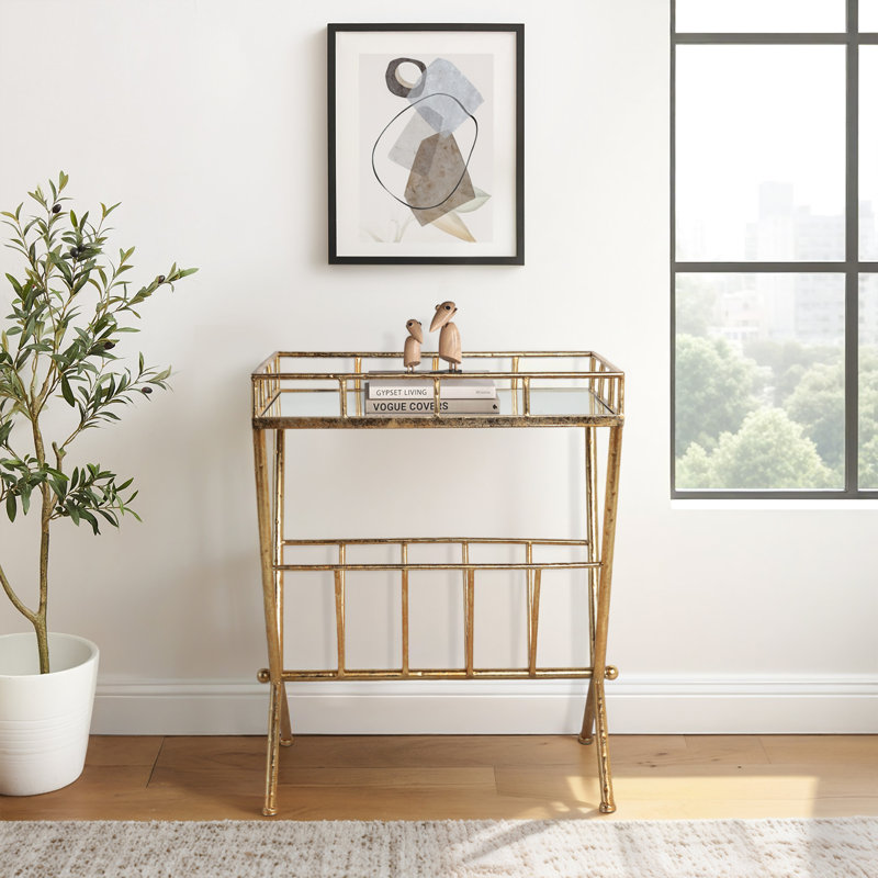 Elegant 25" Gold Metal and Mirrored Wood End Table