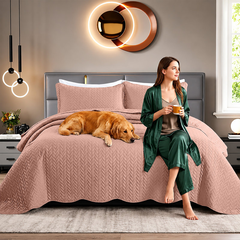 Embossed Microfiber Quilt Coverlet Set, Peach, Twin ( 66 Inc x 86 Inc )
