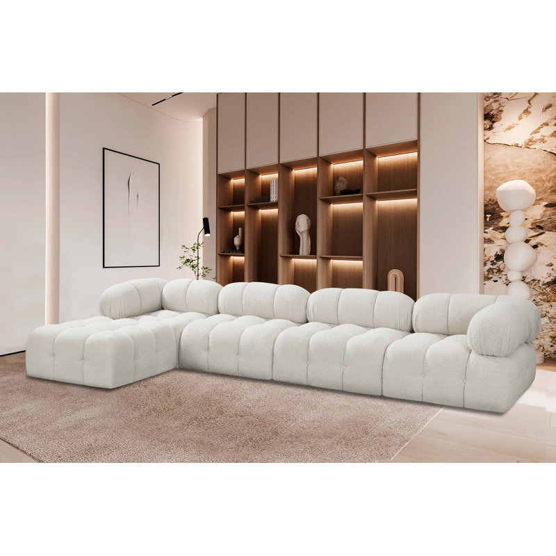 Ames Upholstered Sofa, Cream Boucle Fabric, 2 Armless, 2 Corner, 1 Ottoman