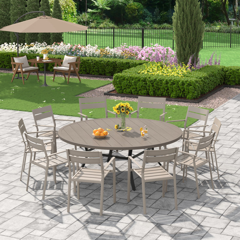 10-Person Outdoor Patio Dining Set With Stacking Armchair, Gray Woodlike/Black