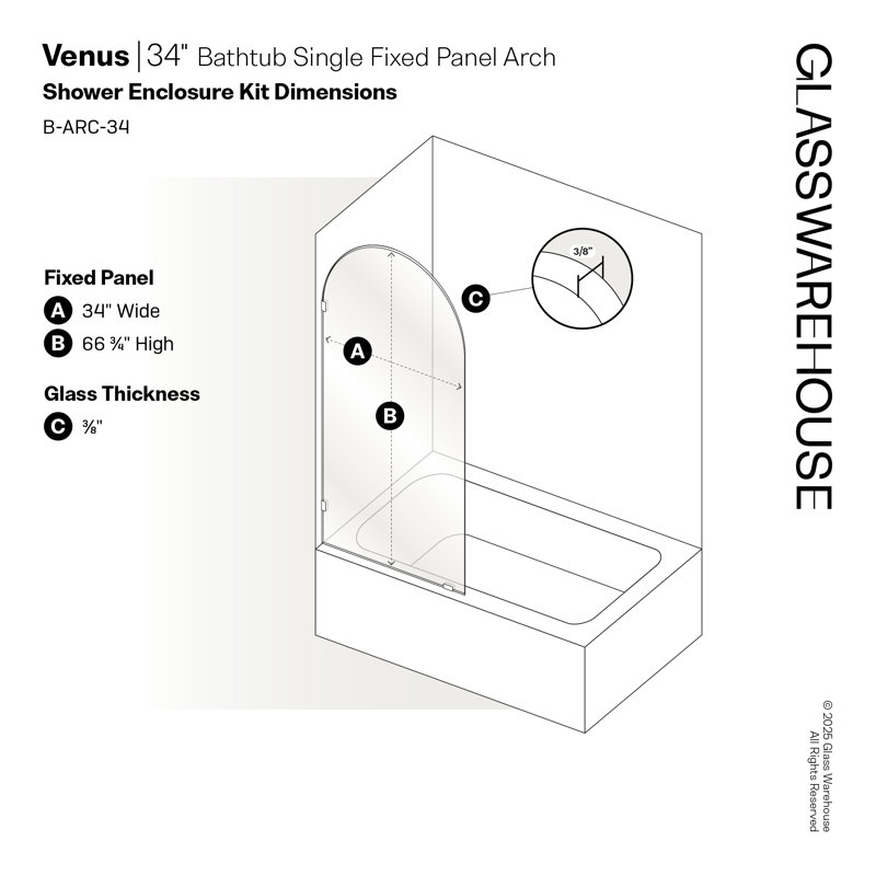 Venus 34 in. x 66.75 in. Frameless Arched Single Fixed Bath Panel, Polished Nickel