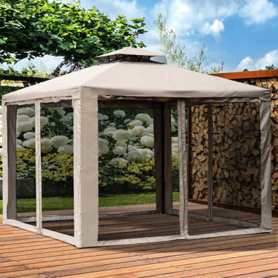 Pavillon de jardin 9,6 pi x 9,6 pi, 2 auvent et filet. Structure en acier pour jardin, pelouse, cour arrière, terrasse. Taupe, -, spacieux avec filet, cadre, - terrasse, utilisation polyvalente