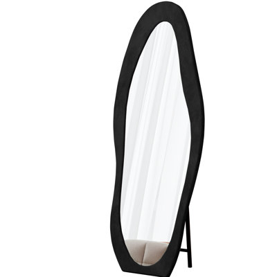 63" X 24" Full Body Mirror, Flannel - Wrapped Frame, Unique Irregular Shape, Black, Shatterproof For Dressing Room Decorating Large 63"X24" Length Wavy Design, Wall Or Floor Placement,