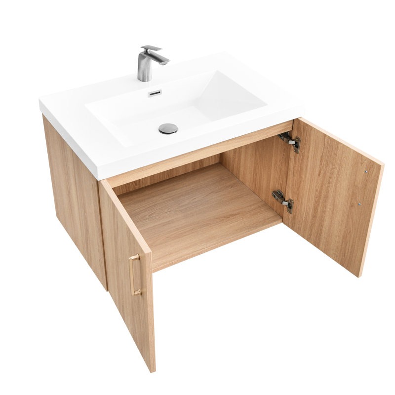 Meuble-lavabo moderne de 30 pouces avec armoires flottantes murales, poignées dorées, lavabo en résine blanche, lignes épurées et conception élégante, fermeture silencieuse
