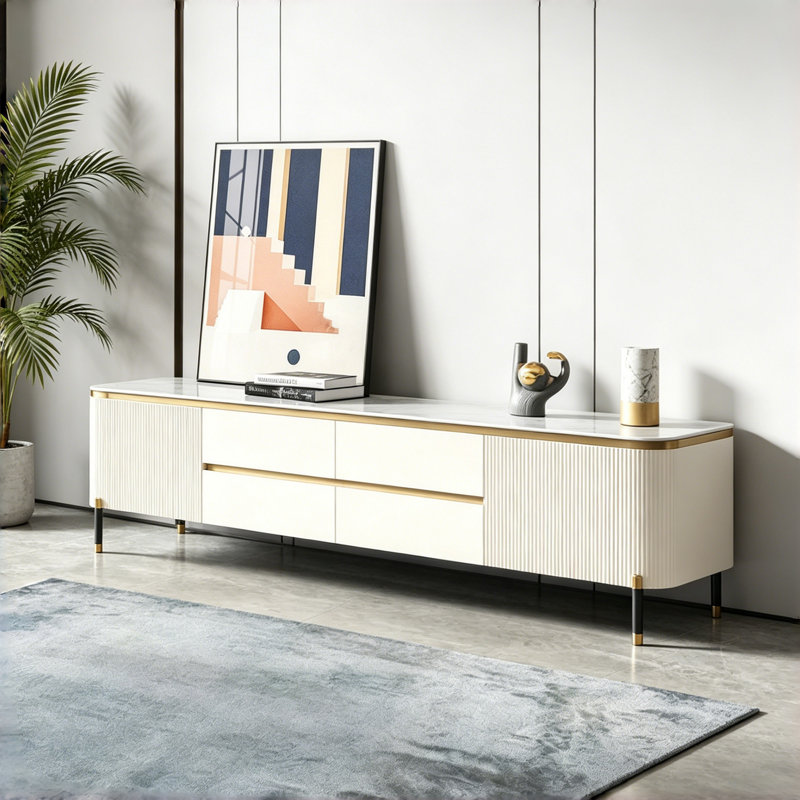Meuble télé simple et léger de luxe blanc cassé