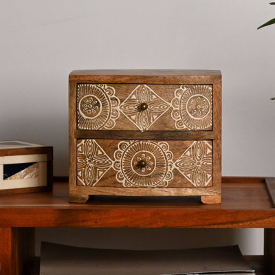 Commode 2 tiroirs en bois avec rangement | Organisateur décoratif en bois de manguier avec motif sculpté à la main | Armoire de table Rustic Farmhouse | 8,25 x 4,5 x 7 po