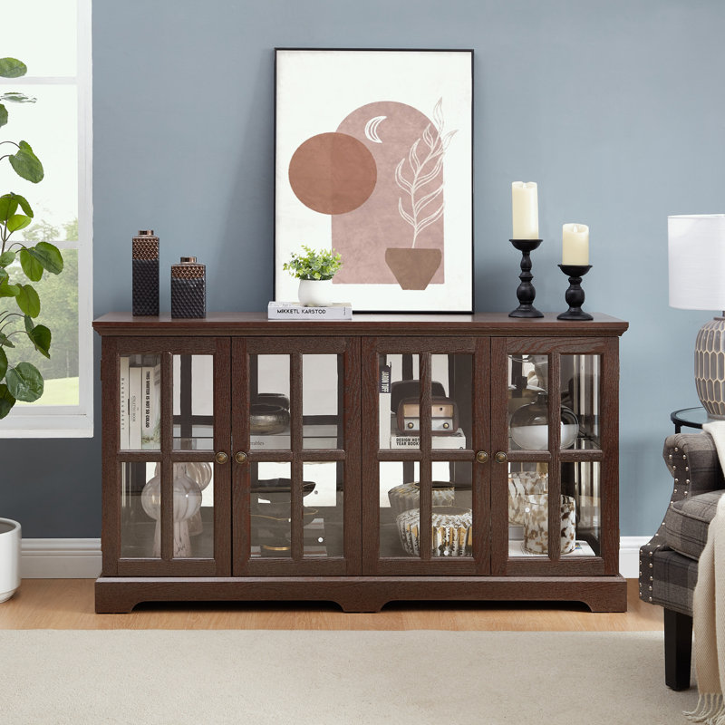 LED light TV Stand with Glass Doors and Adjustable Shelves, Cherry