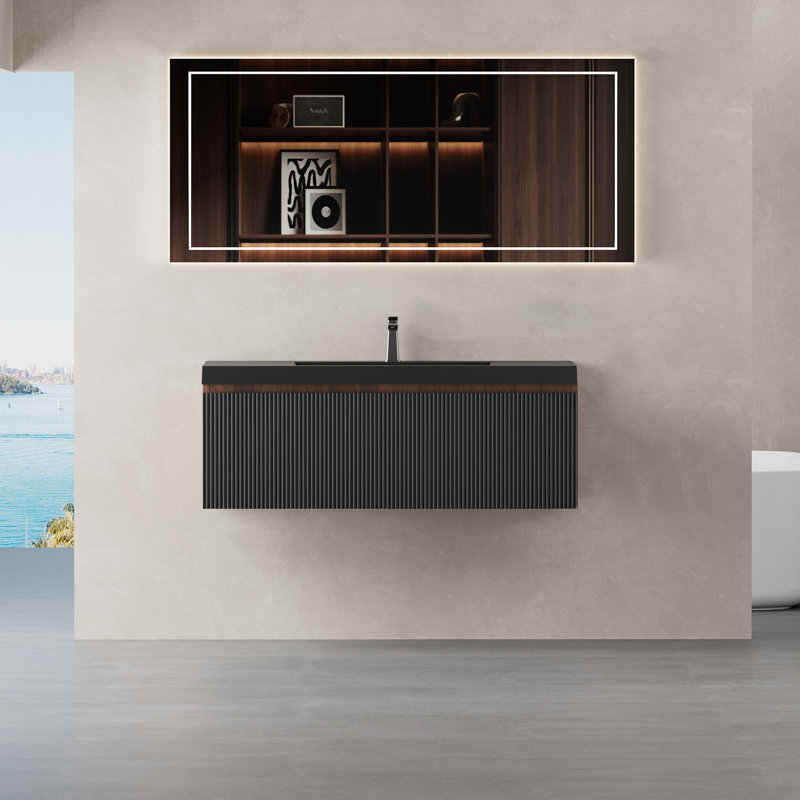 Floating Bathroom Vanity With Sink, Wall-Mounted Bathroom Storage Cabinet With Soft-Close Drawer, Walnut/Black