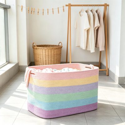 Panier de rangement extra large en corde de coton tressée avec poignées, bac de rangement rectangulaire pour couvertures, linge, serviettes, chaussures, jouets pour chien, couleurs pastel arc-en-ciel