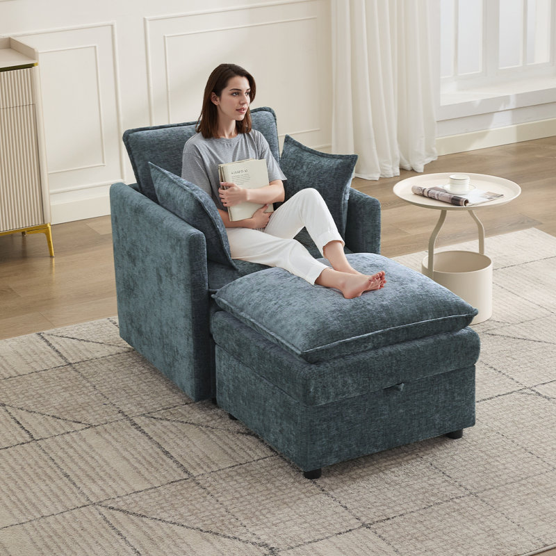 Upholstered Accent Armchair & Ottoman Set, Both with Hidden Storage, Blue
