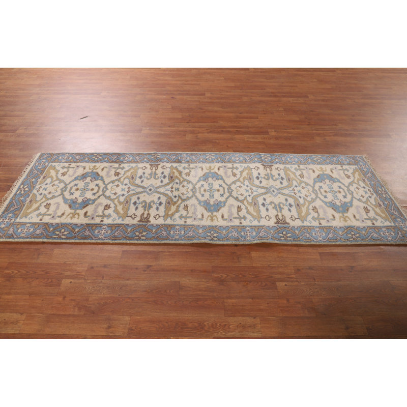 Ivory & Blue Handmade Oushak Indian Runner Rug 3x8