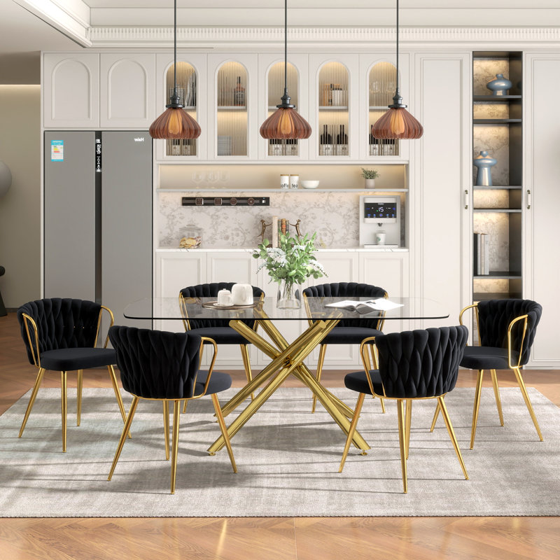 Elegant 71" Modern Retro Dining Table Set For 4-8, Rectangular Glass Top Dining Table With Stainless Steel Base & Velvet Arm Chairs, Multi-Purpose Kitchen Dining Room Furniture For Gathering, Living Room, Restaurant
