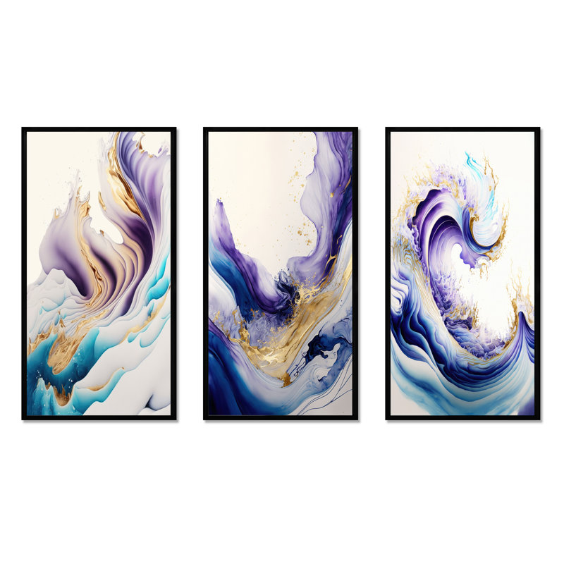 "Abstrait bleu, or et mauve" - 3 pièces sur toile, Noir, H 32 po x l 48 po