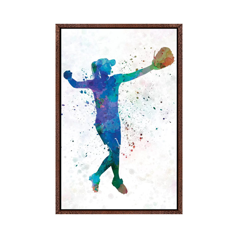 Women Playing Softball II by Paul Rommer - Painting on Canvas, 101.6 cm H x 66.04 cm W, Classic Brown Wood Framed
