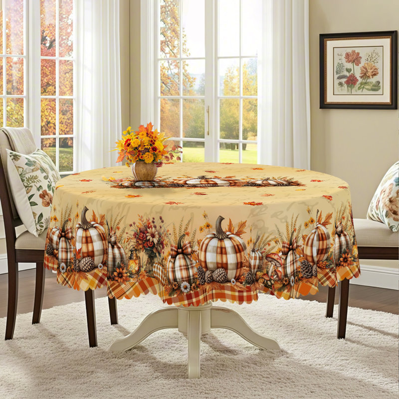 1pc Autumn Thanksgiving Polyester Tablecloth, Pumpkin, And Sunflower Grid Design, Rectangular And Round Autumn Harvest Tablecloth, Thanksgiving Gift, Suitable For Autumn, Indoor/Outdoor, Camping And Picnic Decoration
