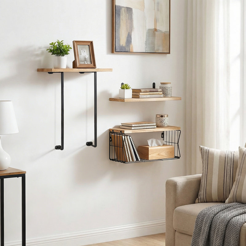 3 Piece Wood Bracket Shelf, Natural Wood
