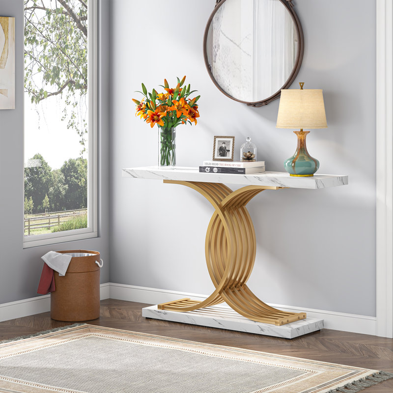 Console 39,37 po, Imitation marbre blanc / or
