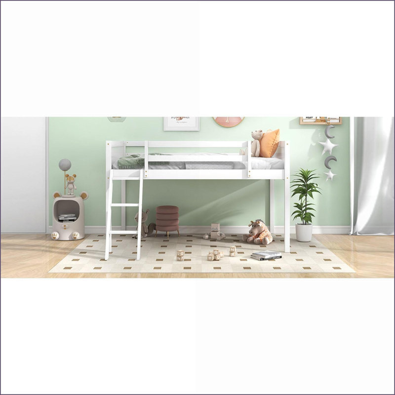 Twin Size Pine Wood Low Loft Bed with Convertible Ladder - No Box Spring Required, White for Second Bedroom