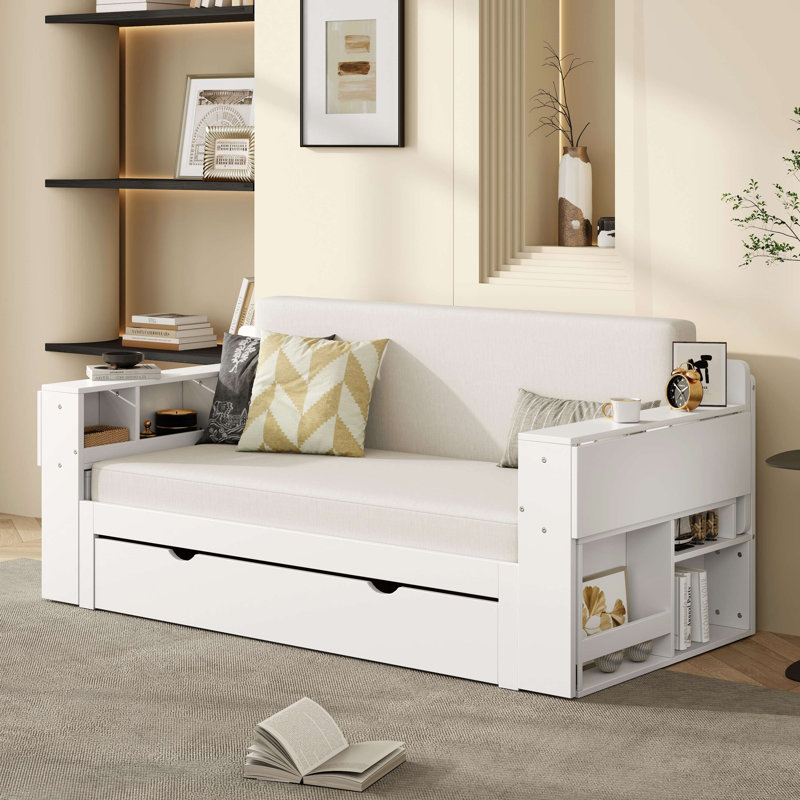Lit de jour avec bureau amovible, tiroirs de rangement et table d'appoint hydraulique, Complet/Double, Blanc