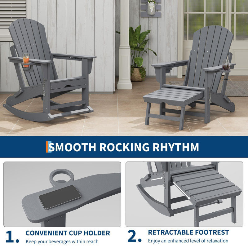 4-in-1 Folding Adirondack Chair with Ottoman & Rocking Base, All-Weather HDPE Patio Chair with Cup Holder, 380 lbs Capacity, 2 PCS