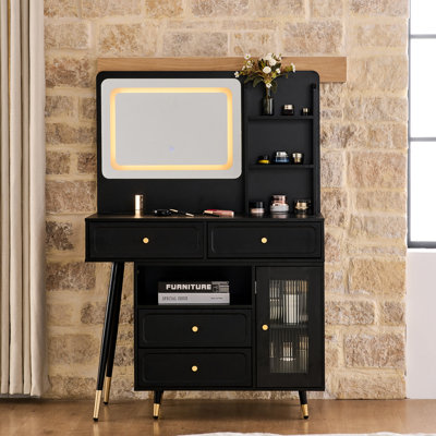 Modern Black Makeup Vanity Desk With Retractable Side Cabinet, 3 - Layer Shelf, And Color Led Lights, Offering Convenient Power Outlet Ergonomic Stool For Bedroom Arrangement Compact Table Adjustable