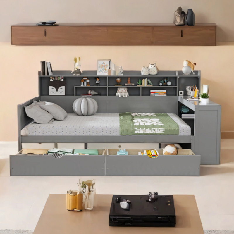 Multifunctional Bed With Two Storage Drawers, Storage Shelves And Study Table