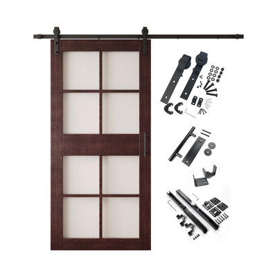 Homacer Red Mahogany 42in x 84in 8-Lite Glass Design Unassembled & Finished Barn Door with Hardware Kit, interior use only