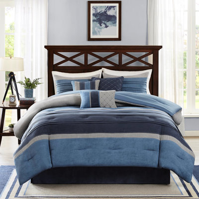 King Comforter In Navy Microsuede With 2 Shams And Filling 7 Piece Bed 3 Decorative Pillows Wash Feature