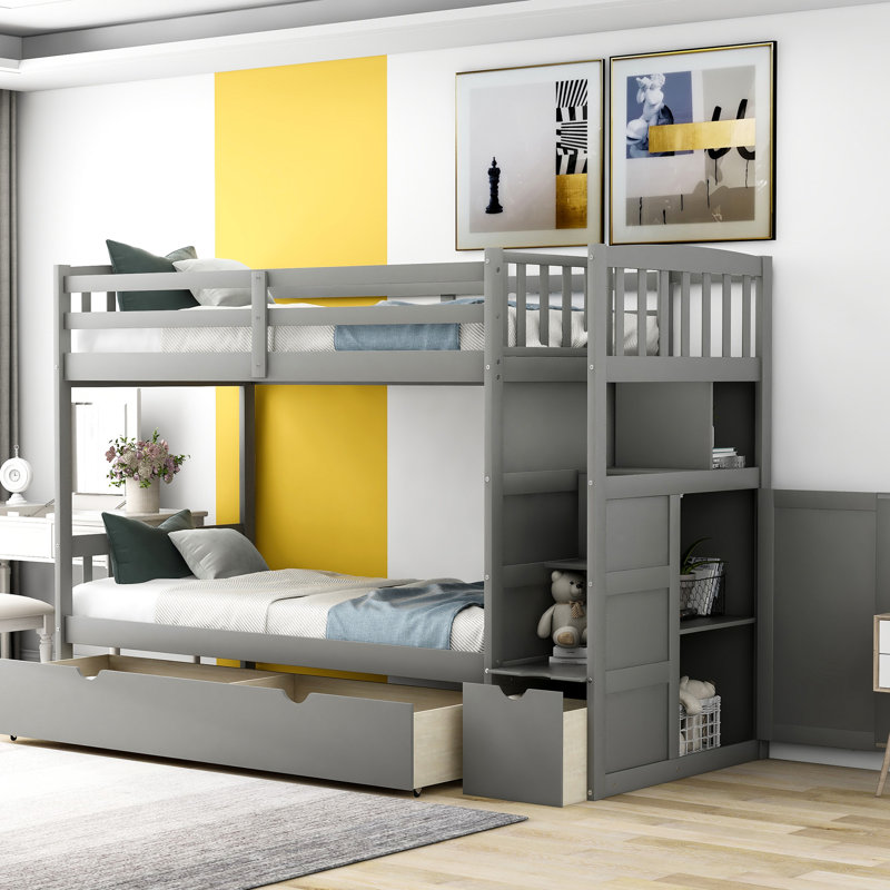 Lit superposé gris avec une construction solide et des mesures sous les options de rangement, Gris