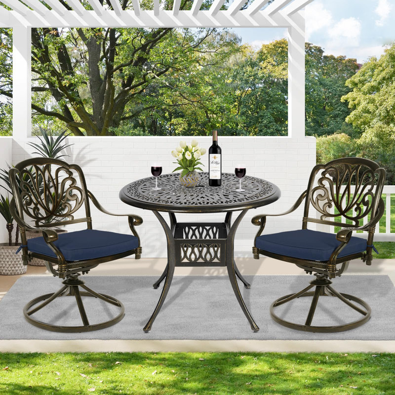 Ensemble bistro rond avec coussins 35,4 po, Bleu marine, Bronze foncé