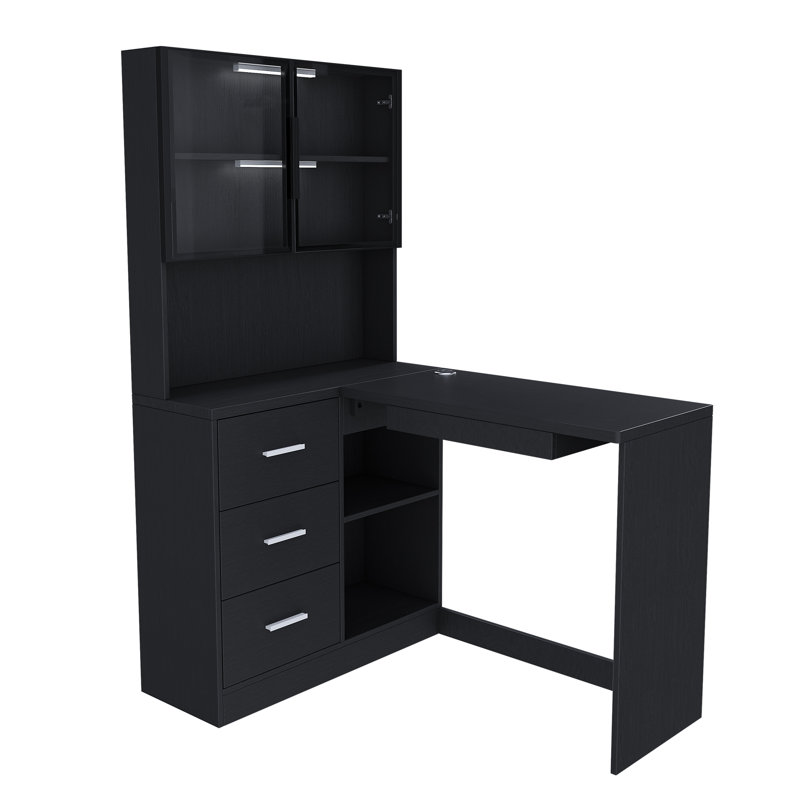 Bureau d'ordinateur avec armoires en verre et lumières DEL intégrées, Noir