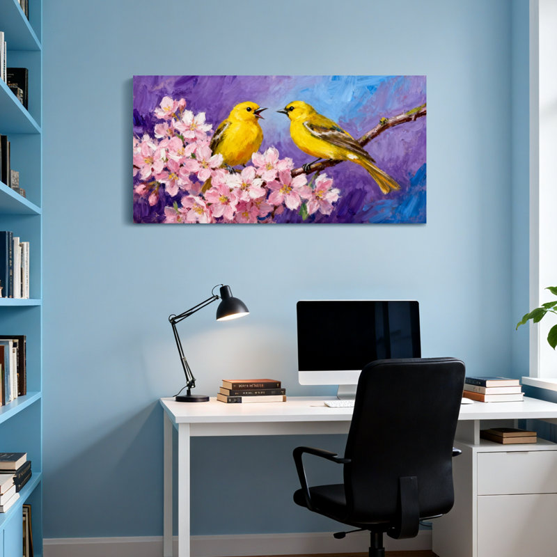 Animals Two Yellow Birds On Blossom Branch, 28" H x 58" W