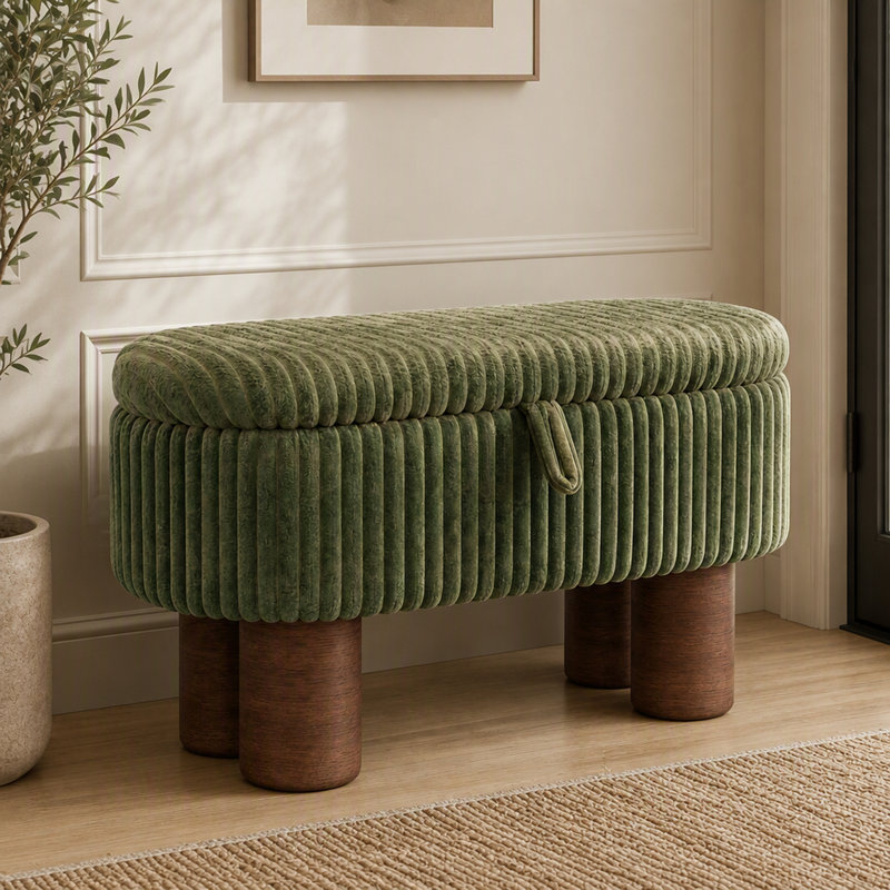 Banc ottoman de rangement moderne en velours côtelé avec couvercle relevable, Vert, Green, Brown