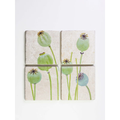 Ensemble de sous-verres: Coquelicots sur fond écru