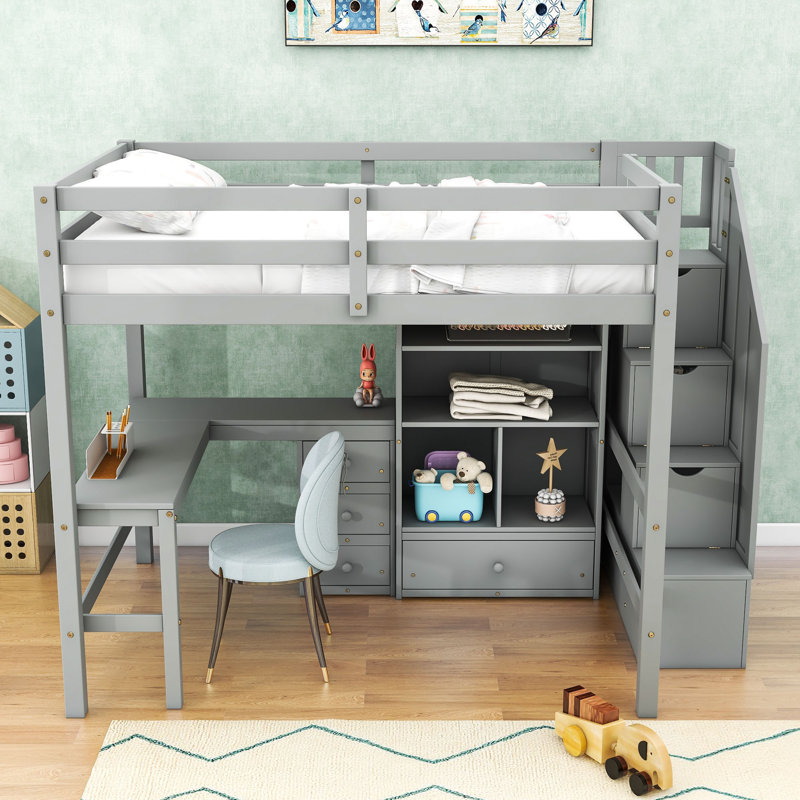Lit mezzanine double avec bureau, tiroirs et cabine, gris