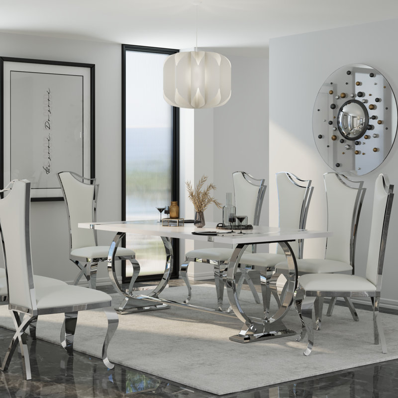 Ensemble de table de salle à manger 78 pouces blanc et argent avec 6 chaises en cuir chromées blanches, Argent argent