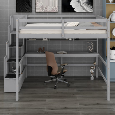 Contemporary Loft Bed with Desk, Shelves and Storage Staircase