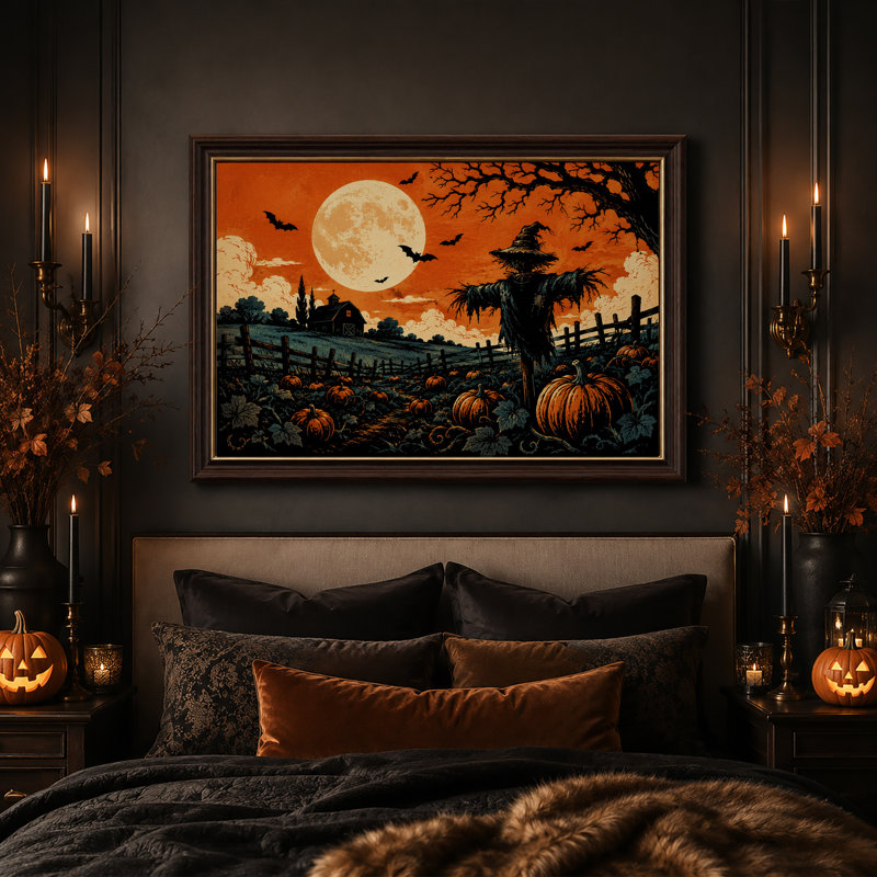 Tableau sur toile représentant un champ de citrouilles orange avec épouvantail et pleine lune pour l'Halloween, 16"H x 24"W