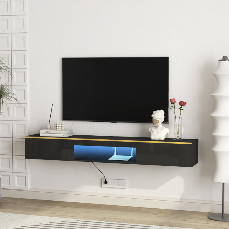 Meuble télé flottant - étagère de divertissement murale avec lumières DEL et prise de courant intégrée, Noir
