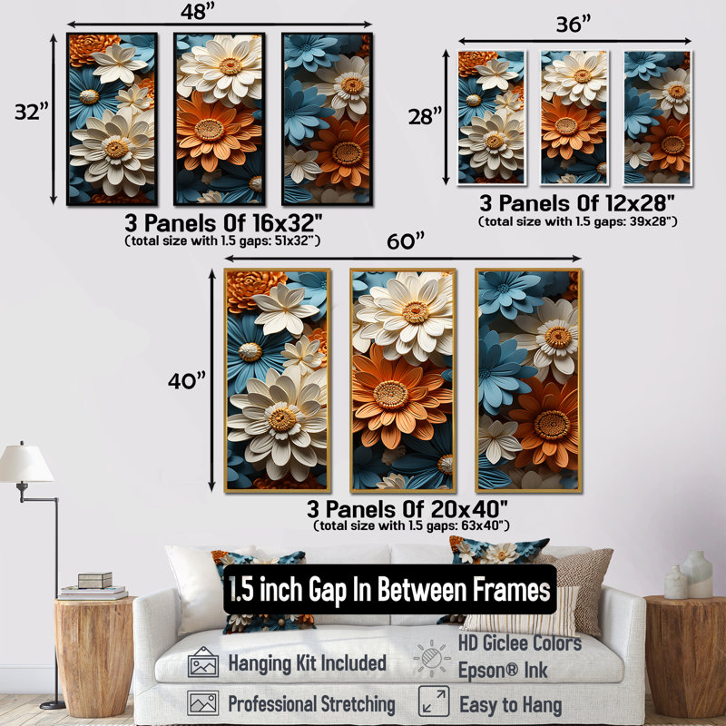 Ensemble de décorations murales colorées «Daisy Blossoming Abstraction II - Daisies», Cadre flottant blanc