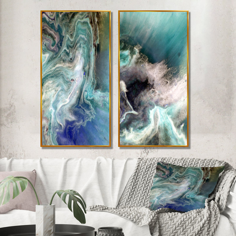 Turquoise, art liquide - ensemble de 2 peintures sur toiles, H 20 po x l 24 po x P 1 po, Cadre flottant doré