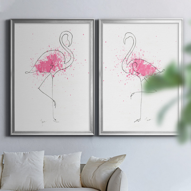 Flamingo Splash I - ensemble de 2 reproductions d'art, Pas de tapis, H 18,5 po x l 49 po x P 1,5 po, Toile encadrée argentée