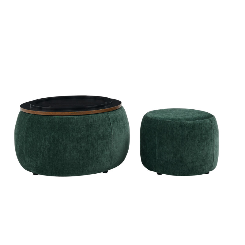 Repose-pieds de rangement moderne et classique avec plateau amovible, bois d'eucalyptus vert et mousse, 25 po x 25 po x 14,7 po