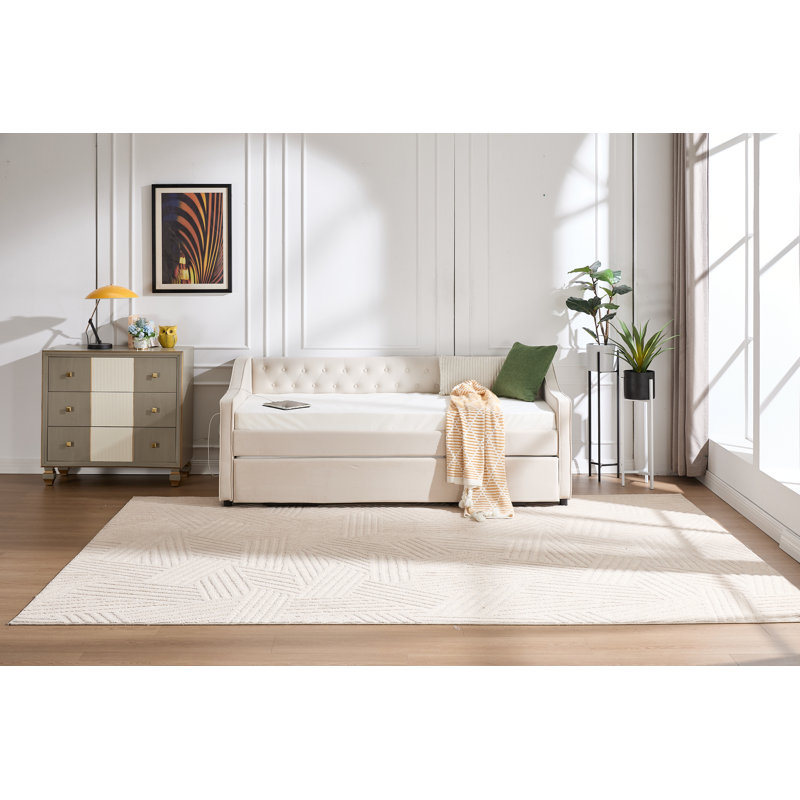 Twin Size Upholstered Daybed With Trundle,USB Port ,Side Pockets,Velvet Daybed With Button On Back And Piping On Waved Shape Arms