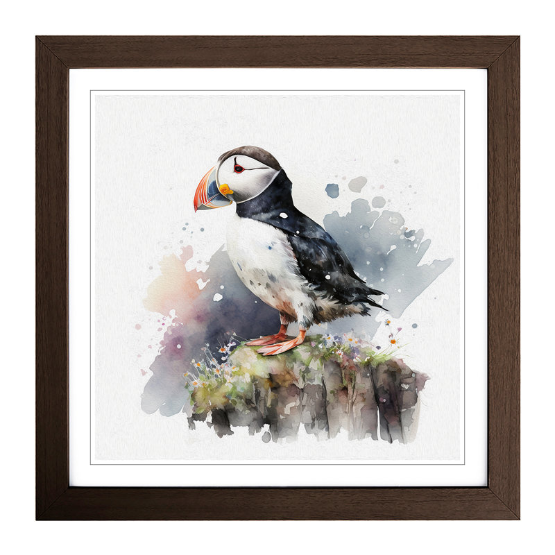 Puffin Watercolour - Wall Art, Walnut