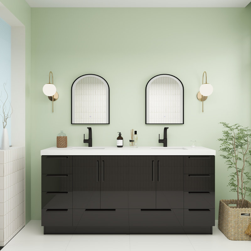 Carla Freestanding Bathroom Vanity with Double Sink, 71", Gloss Black