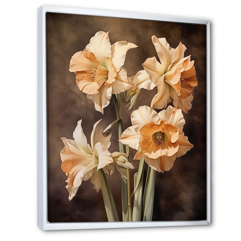 «Brown Green Daffodils Natures Impression», reproduction sur toile, H 44 po x l 34 po x P 1,5 po, Cadre flottant blanc