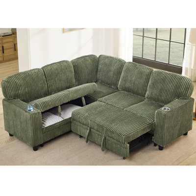 L-Shaped Sectional Sofa Bed With Pull-Out Bed & Storage, 5-Seat Sleeper Couch With USB Charging, Convertible Design For Living Room, Apartment, Corduroy Fabric, Olive Green