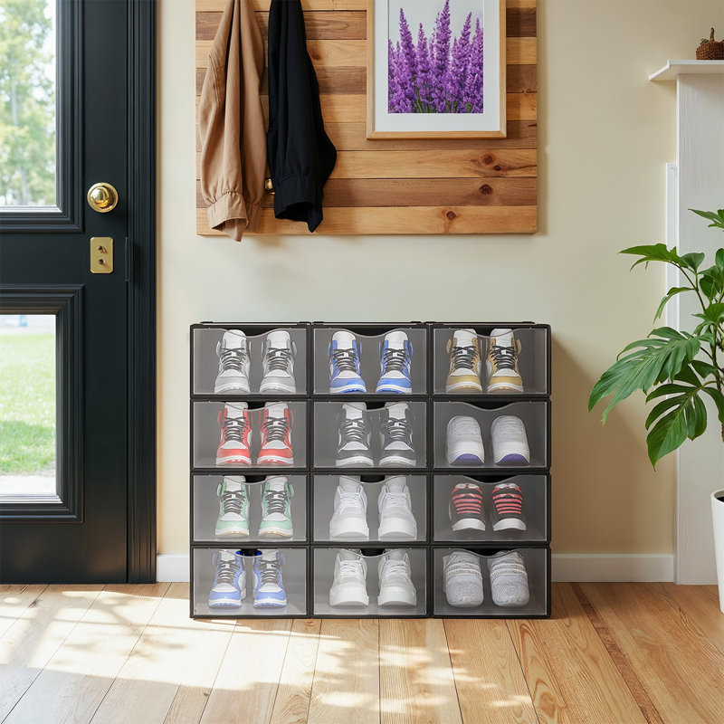 Stackable Shoe Boxes, Set Of 12 Plastic Shoe Organizers, 13.1 X 9.1 X 5.6 Inches, For US Size 11, Transparent/Ink Black
